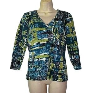 RUBY RD Abstract Print Top V-Neck 3/4 Sleeve Blouse Artsy Teal‎ Green White Size
